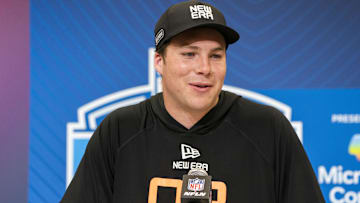 Feb 28, 2025; Indianapolis, IN, USA; Notre Dame quarterback Riley Leonard (QB08) talks to the press during the 2025 NFL Combine at Indiana Convention Center. Mandatory Credit: Stephanie Amador Blondet-Imagn Images