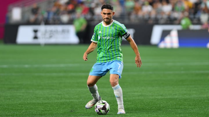 Aug 4, 2024; Seattle, Washington, USA; Seattle Sounders FC midfielder Cristian Roldan (7) plays the ball during the second half against Necaxa at Lumen Field. Mandatory Credit: Steven Bisig-USA TODAY Sports