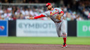 Aug 1, 2025; San Diego, California, USA; St. Louis Cardinals second baseman Brendan Donovan (33) throws to first on a groundout by San Diego Padres right fielder Fernando Tatis Jr. (23) during the first inning at Petco Park. Mandatory Credit: Chadd Cady-Imagn Images