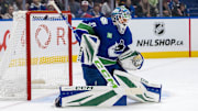 Nov 19, 2024; Vancouver, British Columbia, CAN; Vancouver Canucks goalie Arturs Silovs (31) makes a save against the New York Rangers during the first period at Rogers Arena. Mandatory Credit: Bob Frid-Imagn Images