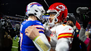 Jan 21, 2024; Orchard Park, New York, USA; Kansas City Chiefs quarterback Patrick Mahomes (15) greets Buffalo Bills quarterback Josh Allen (17) following the 2024 AFC divisional round game at Highmark Stadium. Mandatory Credit: Mark J. Rebilas-Imagn Images