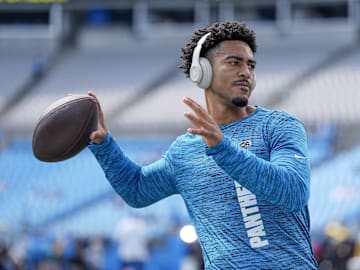 Carolina quarterback Bryce Young throws during warm-ups.