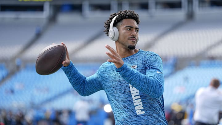 Carolina quarterback Bryce Young throws during warm-ups.