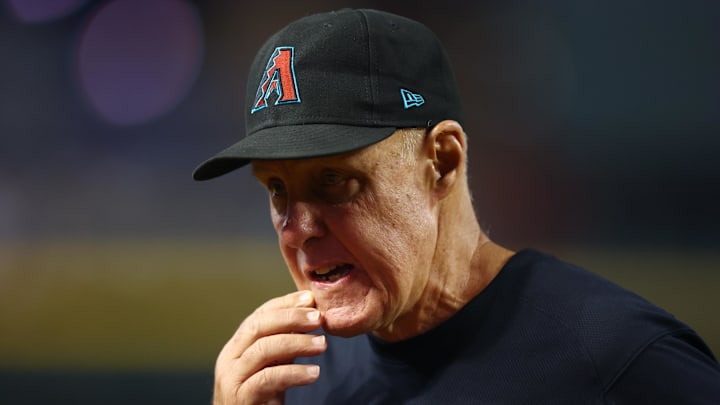 Jun 27, 2023; Phoenix, Arizona, USA; Arizona Diamondbacks pitching coach Brent Strom against the Tampa Bay Rays at Chase Field. Mandatory Credit: Mark J. Rebilas-Imagn Images