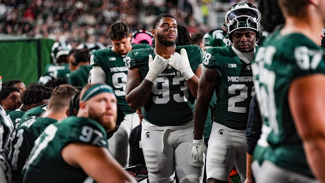Michigan State Spartans defensive lineman Jalen Satchell (93) looks up at the clock towards the end of the third quarter the NCAA football game against Ohio State University at Spartan Stadium in East Lansing, Saturday, Sept. 28, 2024. Ohio State won 38-7.