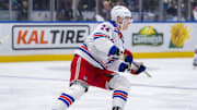 Nov 19, 2024; Vancouver, British Columbia, CAN; New York Rangers forward Kaapo Kakko (24) skates against the Vancouver Canucks during the third period at Rogers Arena. Mandatory Credit: Bob Frid-Imagn Images