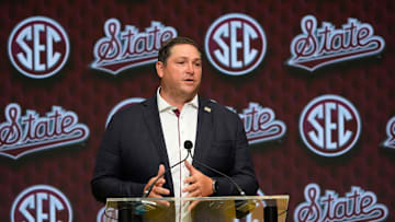 July 16, 2025; Atlanta, GA, USA; Mississippi State head coach Jeff Lebby speaks in the Main Media Room during SEC Media Days at the College Football Hall of Fame in Atlanta.