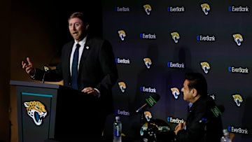 New Jacksonville Jaguars head coach Liam Coen speaks as Jaguars owner Shad Khan looks on during a press conference Monday, Jan. 27, 2025 at the Miller Electric Center in Jacksonville, Fla. [Corey Perrine/Florida Times-Union]