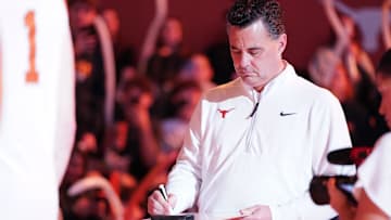 Dec 8, 2025; Austin, Texas, USA; Texas Longhorns head coach Sean Miller reviews a play before the start of the game against the Southern University Jaguars at Moody Center. Mandatory Credit: Dustin Safranek-Imagn Images