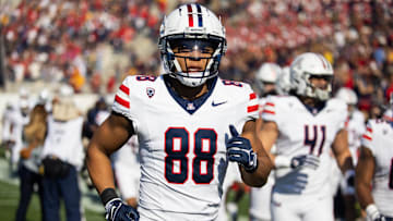 Nov 25, 2023; Tempe, Arizona, USA; Arizona Wildcats tight end Keyan Burnett (88) against the Arizona State Sun Devils during the Territorial Cup at Mountain America Stadium
