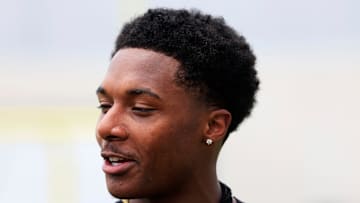 Jacksonville Jaguars cornerback Caleb Ransaw (27) is interviewed during a rookie minicamp at Miller Electric Center Saturday, May 10, 2025 in Jacksonville, Fla. [Corey Perrine/Florida Times-Union]