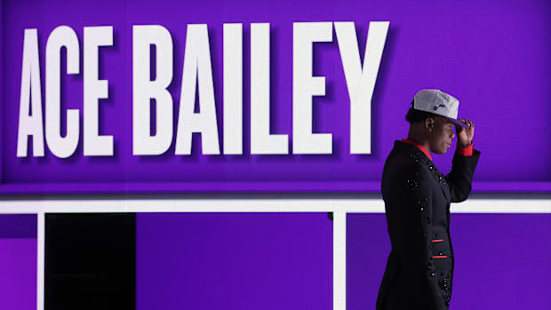 Jun 25, 2025; Brooklyn, NY, USA;  Ace Bailey looks on after being selected as the fifth pick by the Utah in the first round o