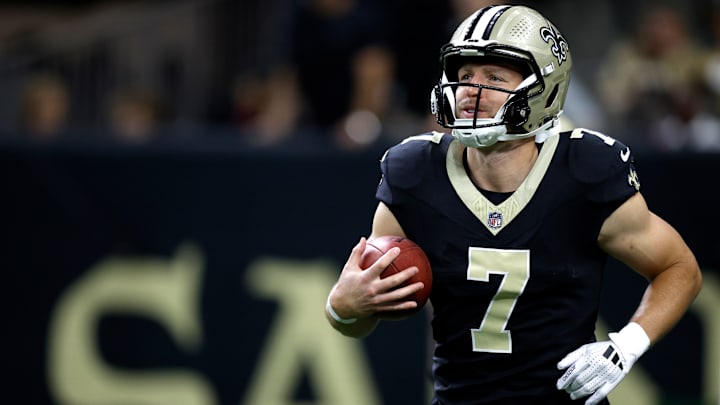 New Orleans Saints player Taysom Hill (7) looks on during a game against the New England Patriots on Oct. 12, 2025.