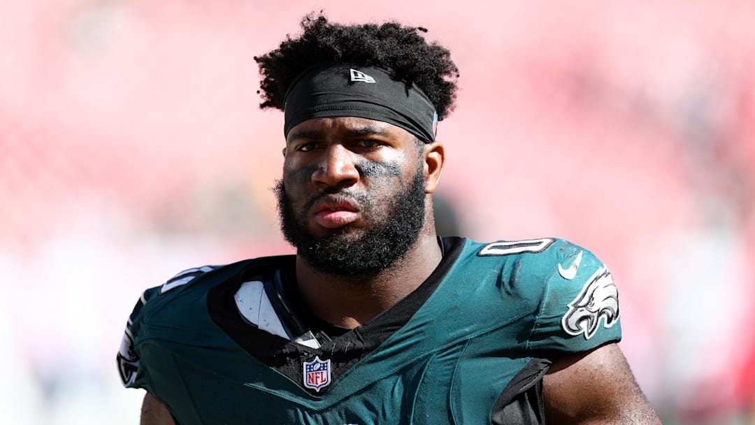 Sep 29, 2024; Tampa, Florida, USA; =Philadelphia Eagles defensive end Bryce Huff (0) looks on after a game against the Tampa Bay Buccaneers at Raymond James Stadium. Mandatory Credit: Nathan Ray Seebeck-Imagn Images