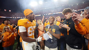 Oct 19, 2024; Knoxville, Tennessee, USA; Tennessee Volunteers wide receiver Nathan Leacock (85) celebrates with fans after defeating the Alabama Crimson Tide at Neyland Stadium. Mandatory Credit: Alan Poizner-Imagn Images