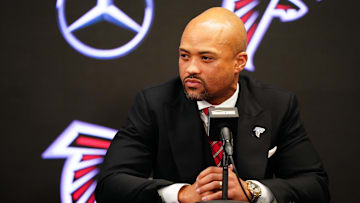 Feb 5, 2024; Atlanta, GA, USA; Atlanta Falcons general manager Terry Fontenot  addresses the media as Raheem Morris is introduced as the new head coach of the Atlanta Falcons at Mercedes-Benz Stadium. Mandatory Credit: John David Mercer-Imagn Images