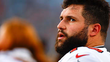 Aug 17, 2024; Jacksonville, Florida, USA; Tampa Bay Buccaneers center Robert Hainsey (70) looks on prior to the game against the Jacksonville Jaguars at EverBank Stadium. Mandatory Credit: Douglas DeFelice-Imagn Images