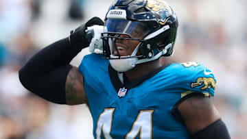 Jacksonville Jaguars defensive end Travon Walker (44) flexes after a sack on Houston Texans quarterback CJ. Stroud (7) during the first quarter of an NFL football matchup at EverBank Stadium, Sunday, Sept. 21, 2025, in Jacksonville, Fla. The Jaguars defeated the Texans 17-10.