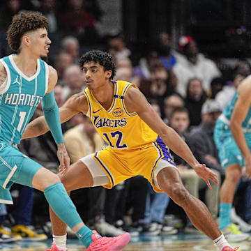 Jan 27, 2025; Charlotte, North Carolina, USA; Charlotte Hornets guard LaMelo Ball (1) handles the ball against Los Angeles Lakers guard Max Christie (12) during the first quarter at the Spectrum Center. Mandatory Credit: Jim Dedmon-Imagn Images