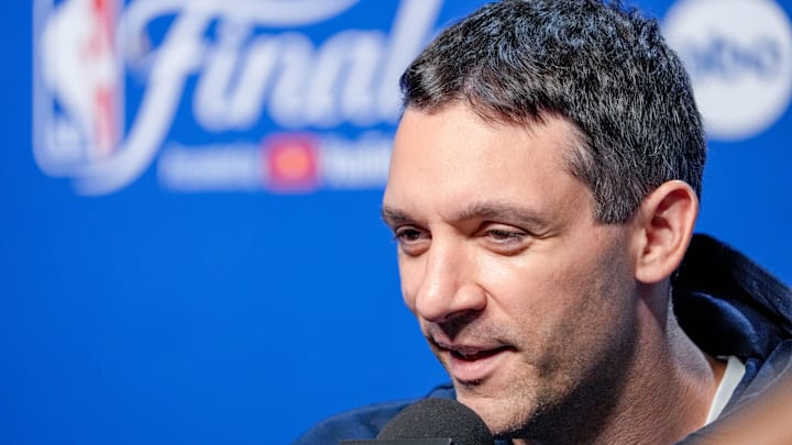 Oklahoma City head coach Mark Daigneault speaks at a press conference during an NBA Finals practice session ahead of Game 2 at Paycom Center Oklahoma City, on Saturday, June 7, 2025.