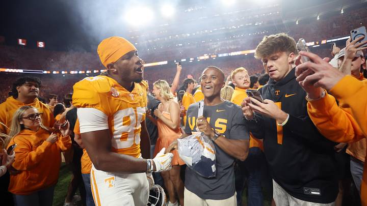 Oct 19, 2024; Knoxville, Tennessee, USA; Tennessee Volunteers wide receiver Nathan Leacock (85) celebrates with fans after defeating the Alabama Crimson Tide at Neyland Stadium. Mandatory Credit: Alan Poizner-Imagn Images
