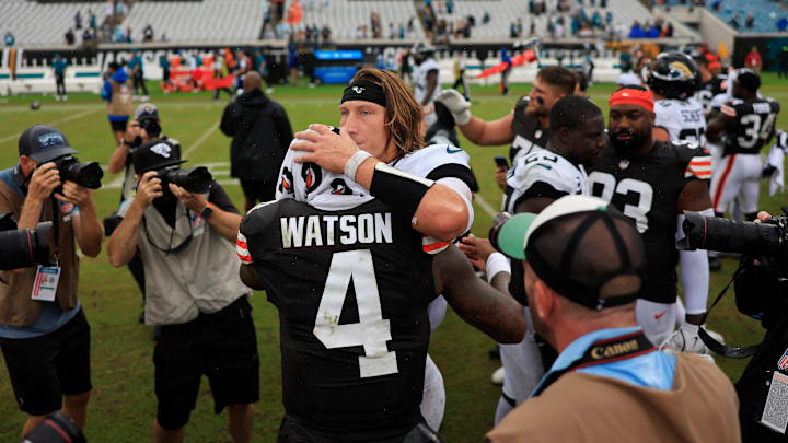 Jacksonville Jaguars quarterback Trevor Lawrence (16) congratulates Cleveland Browns quarterback Deshaun Watson (4) on the win after the game an NFL football matchup Sunday, Sept. 15, 2024 at EverBank Stadium in Jacksonville, Fla. The Browns defeated the Jaguars 18-13.