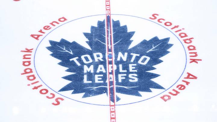 Apr 20, 2025; Toronto, Ontario, CAN; The Toronto Maple Leafs logo at center ice before game one of the first round of the 2025 Stanley Cup Playoffs against the Ottawa Senators at Scotiabank Arena. 