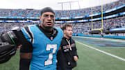 Oct 12, 2025; Charlotte, North Carolina, USA; Carolina Panthers safety Tre'von Moehrig (7) looks on after the game against the Dallas Cowboys at Bank of America Stadium. Mandatory Credit: Scott Kinser-Imagn Images