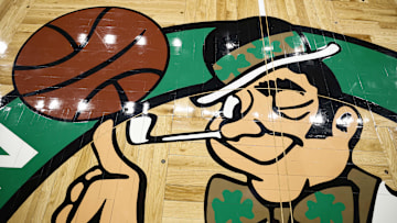 Mar 5, 2025; Boston, Massachusetts, USA; The Boston Celtics logo is seen on the court before the game between the Boston Celtics and the Portland Trail Blazers at TD Garden. Mandatory Credit: Winslow Townson-Imagn Images