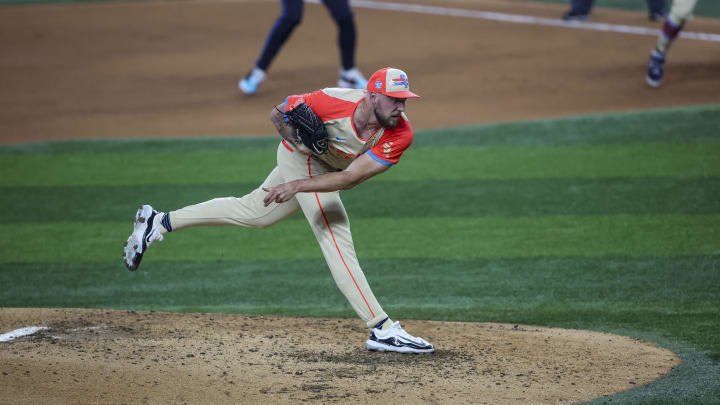 Jul 16, 2024; Arlington, Texas, USA; American League pitcher Garrett Crochet of the Chicago White Sox (45) pitches during the fourth inning during the 2024 MLB All-Star game at Globe Life Field.