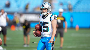 Aug 21, 2025; Charlotte, North Carolina, USA; Carolina Panthers place kicker Ryan Fitzgerald (35)during pregame warmups against the Pittsburgh Steelers at Bank of America Stadium. Mandatory Credit: Jim Dedmon-Imagn Images