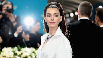 Anne Hathaway attends the 2025 Met Gala Celebrating "Superfine: Tailoring Black Style" at Metropolitan Museum of Art on May 05, 2025 in New York City. 