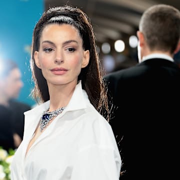 Anne Hathaway attends the 2025 Met Gala Celebrating "Superfine: Tailoring Black Style" at Metropolitan Museum of Art on May 05, 2025 in New York City. 