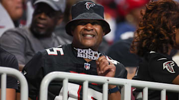 Atlanta Falcons fan in the stands against the Tampa Bay Buccaneers in the first quarter at Mercedes-Benz Stadium.