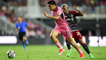 Aug 8, 2024; Ft. Lauderdale, Florida, USA; Inter Miami CF midfielder Diego Gomez (20) controls the ball from Toronto FC midfielder Deybi Flores (20) in the second half during the Leagues Cup round of 32 at Chase Stadium. Mandatory Credit: Nathan Ray Seebeck-USA TODAY Sports