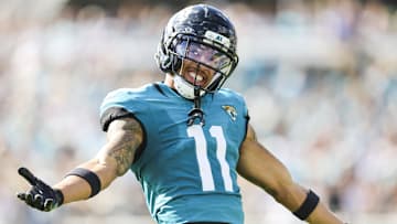 Nov 16, 2025; Jacksonville, Florida, USA; Jacksonville Jaguars wide receiver Parker Washington (11) reacts after drawing a pass interference penalty against the Los Angeles Chargers during the first quarter at EverBank Stadium. Mandatory Credit: Morgan Tencza-Imagn Images