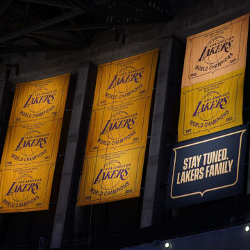 Feb 8, 2021; Los Angeles, California, USA; Los Angeles Lakers championship banners from the 1971-72, 1979-80, 1981-82, 1984-85, 1986-87, 1987-88, 1999-2000, 2000-01, 2001-02, 2008-09 and 2009-10 seasons on display at Staples Center. Mandatory Credit: Kirby Lee-USA TODAY Sports