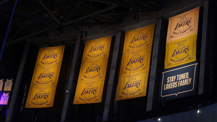 Feb 8, 2021; Los Angeles, California, USA; Los Angeles Lakers championship banners from the 1971-72, 1979-80, 1981-82, 1984-85, 1986-87, 1987-88, 1999-2000, 2000-01, 2001-02, 2008-09 and 2009-10 seasons on display at Staples Center. Mandatory Credit: Kirby Lee-USA TODAY Sports