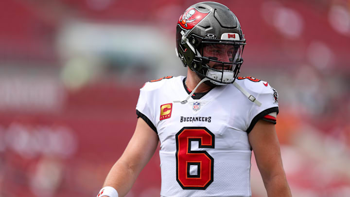 Sep 8, 2024; Tampa, Florida, USA; Tampa Bay Buccaneers quarterback Baker Mayfield (6) warms up before a game against the Washington Commanders at Raymond James Stadium.