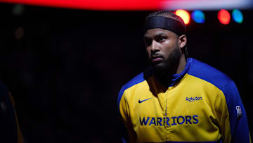 Feb 25, 2025; San Francisco, California, USA; Golden State Warriors guard Moses Moody (4) before a game against the Charlotte Hornets at the Chase Center. Mandatory Credit: Cary Edmondson-Imagn Images