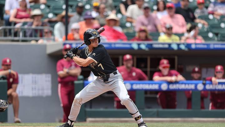 May 25, 2024; Charlotte, NC, USA; Wake Forest infielder Marek Houston (7) at bat in the fourth inning against Florida State during the ACC Baseball Tournament at Truist Field. Mandatory Credit: Cory Knowlton-Imagn Images