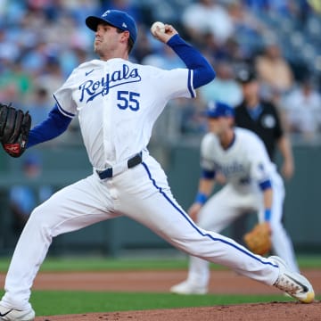 Jun 24, 2024; Kansas City, Missouri, USA; Kansas City Royals pitcher Cole Ragans (55) pitches during the first inning against the Miami Marlins at Kauffman Stadium. Mandatory Credit: William Purnell-USA TODAY Sports
