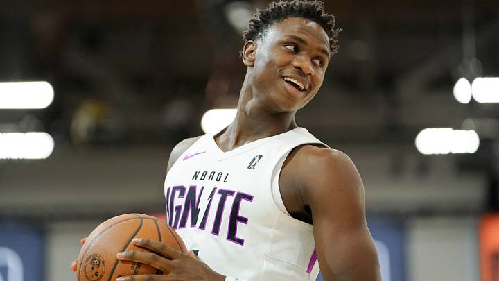 Dec 20, 2022; Las Vegas, NV, USA; NBA G League Ignite guard Babacar Sane (4) reacts during the first half against the Motor City Cruise at Mandalay Bay Convention Center. Mandatory Credit: Lucas Peltier-USA TODAY Sports Dec 20, 2022; Las Vegas, NV, USA; NBA G League Ignite guard Babacar Sane (4) reacts during the first half against the Motor City Cruise at Mandalay Bay Convention Center. Mandatory Credit: Lucas Peltier-USA TODAY Sports