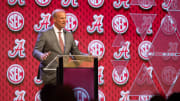 Jul 17, 2024; Dallas, TX, USA; Alabama head coach Kalen DeBoer speaking at Omni Dallas Hotel. Mandatory Credit: Brett Patzke-USA TODAY Sports