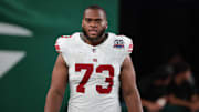 Aug 24, 2024; East Rutherford, New Jersey, USA; New York Giants offensive tackle Evan Neal (73) after the game at MetLife Stadium. Mandatory Credit: Vincent Carchietta-Imagn Images