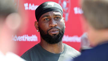 Jun 11, 2025; Tampa, FL, USA; Tampa Bay Buccaneers linebacker Haason Reddick (5) talks with media after minicamp at One Buc Place. Mandatory Credit: Kim Klement Neitzel-Imagn Images