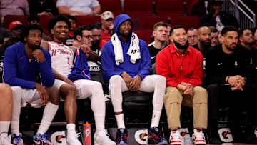 Nov 12, 2025; Houston, Texas, USA; (from L-to-R) Houston Rockets forward Tari Eason (17), guard Amen Thompson (1), forward Kevin Durant (7) and guard Fred VanVleet (5, red) on the bench against the Washington Wizards during the fourth quarter at Toyota Center. Mandatory Credit: Erik Williams-Imagn Images