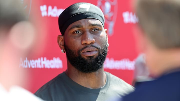 Jun 11, 2025; Tampa, FL, USA; Tampa Bay Buccaneers linebacker Haason Reddick (5) talks with media after minicamp at One Buc Place. Mandatory Credit: Kim Klement Neitzel-Imagn Images