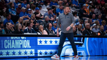 Mississippi Rebels head coach Chris Beard works the sideline against Texas A&M during their second round game of the SEC Men's Basketball Tournament at Bridgestone Arena in Nashville, Tenn., Thursday, March 14, 2024.