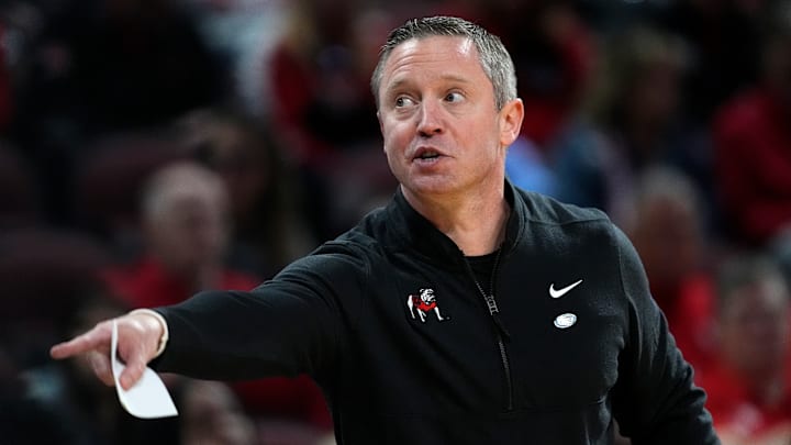 UGA head coach Mike White directing his players during the Georgia v Gonzaga game.